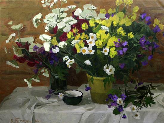 V. Petrova Still life of flowers in a vase 26.5 x 35in., unframed